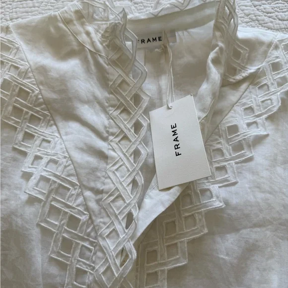 FRAME Elegant Embroidered White Lace Trim Blouse - Picture 7 of 9
